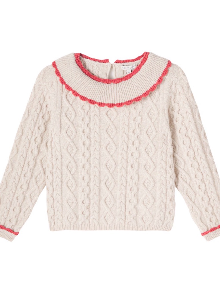Bebe Organic Cream Sienna Cable Knit Sweater With Pink Trim. Size 4
